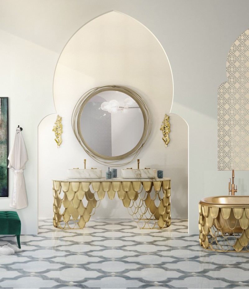 bathroom with gold accents