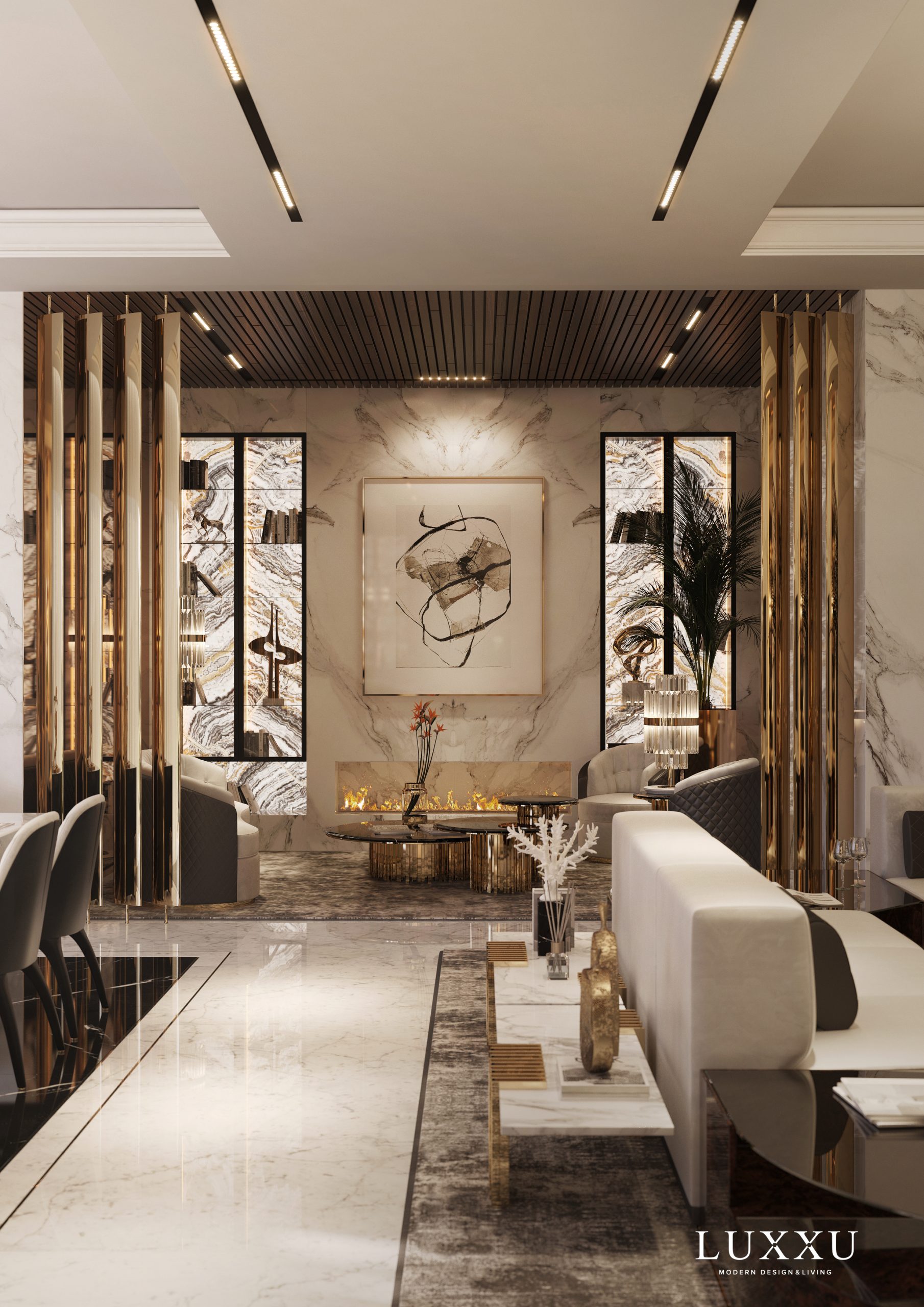Sublime entryway Design by Luxxu with a bege color, a marble floor and luxury paintings on the wall