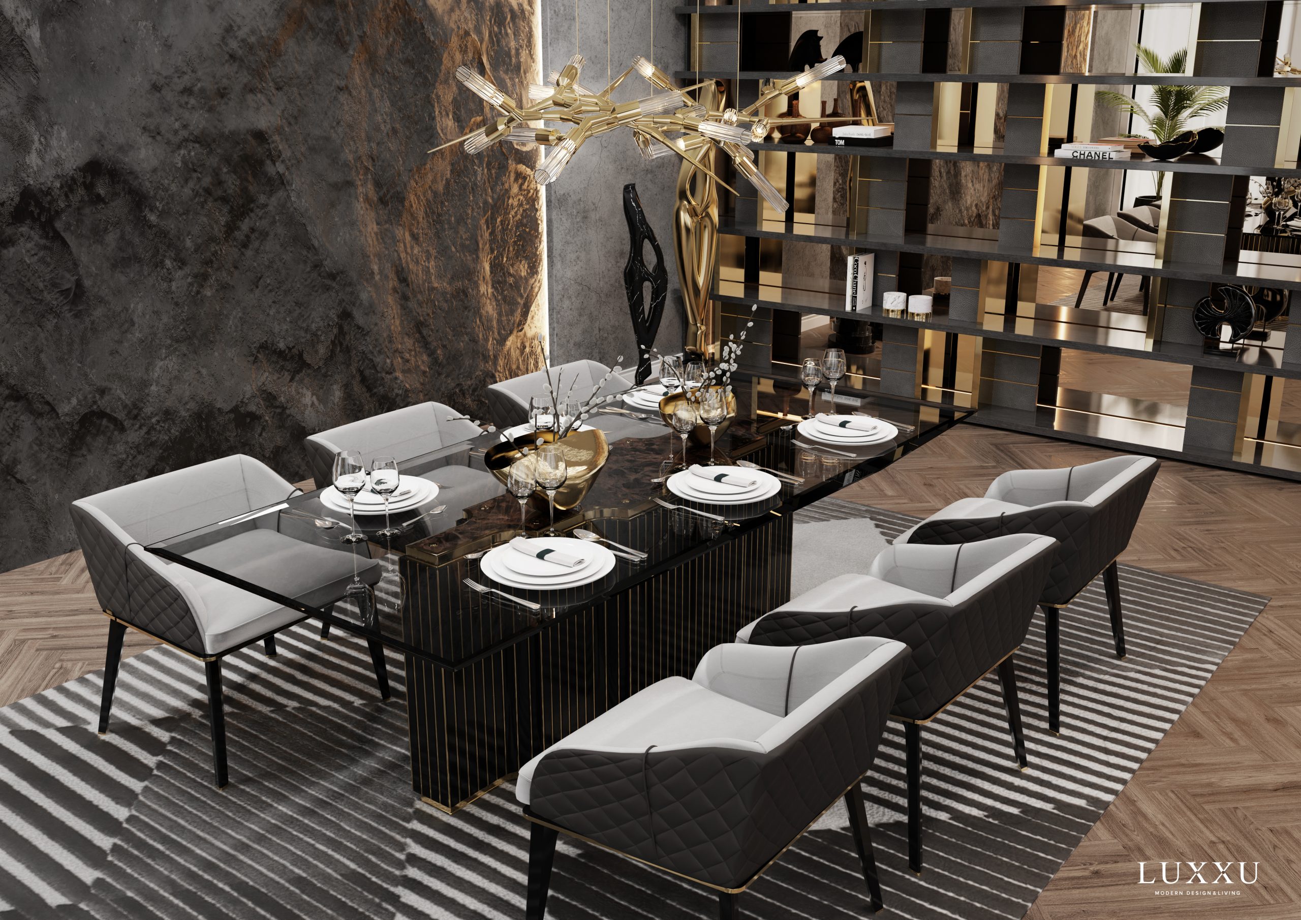 A grand dining area where the Shard suspension, inspired by the renowned Shard London Bridge skyscraper