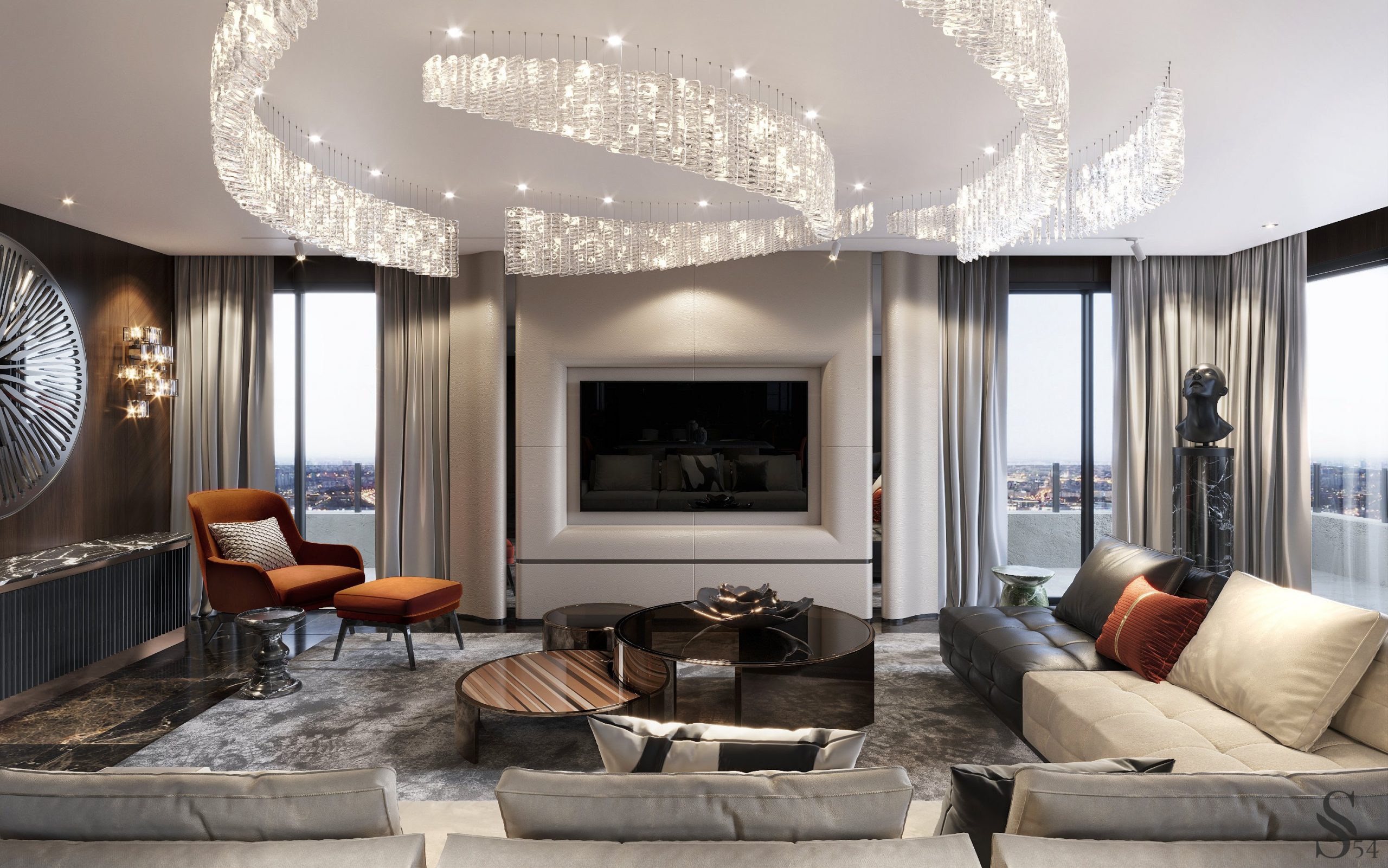 Luxurious Living Room Designs By Studia 54 with custom chandelier