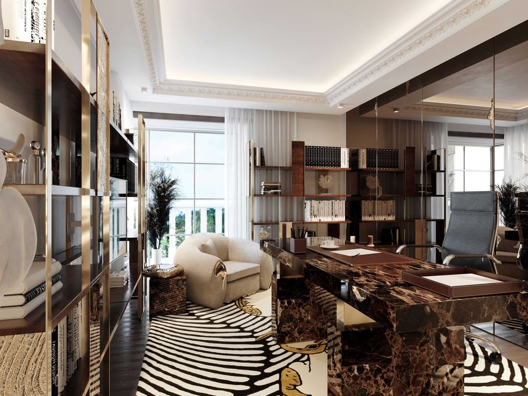 Admire this office with a brown marble desk