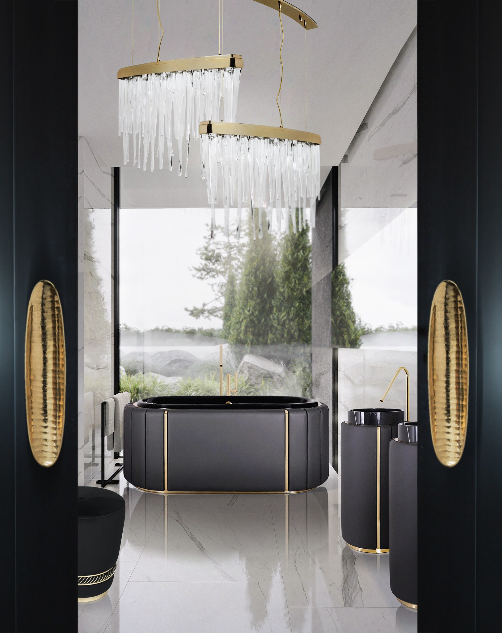 Entryway for one of the amazing bathrooms of this article, with black doors and gold door pull kano