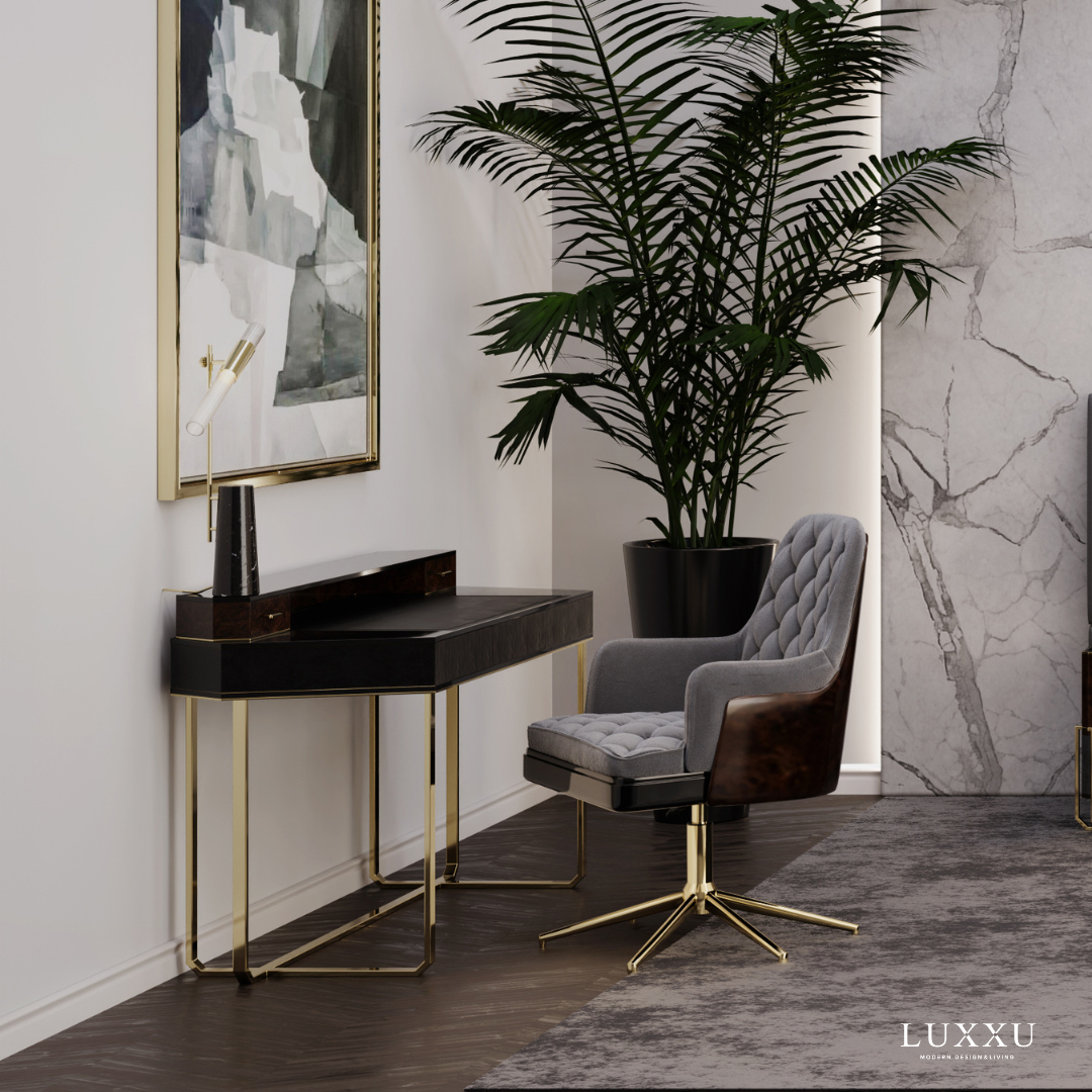 BEHOLD THE UNMISTAKABLE STYLE OF THIS LUXURIOUS HOME OFFICE