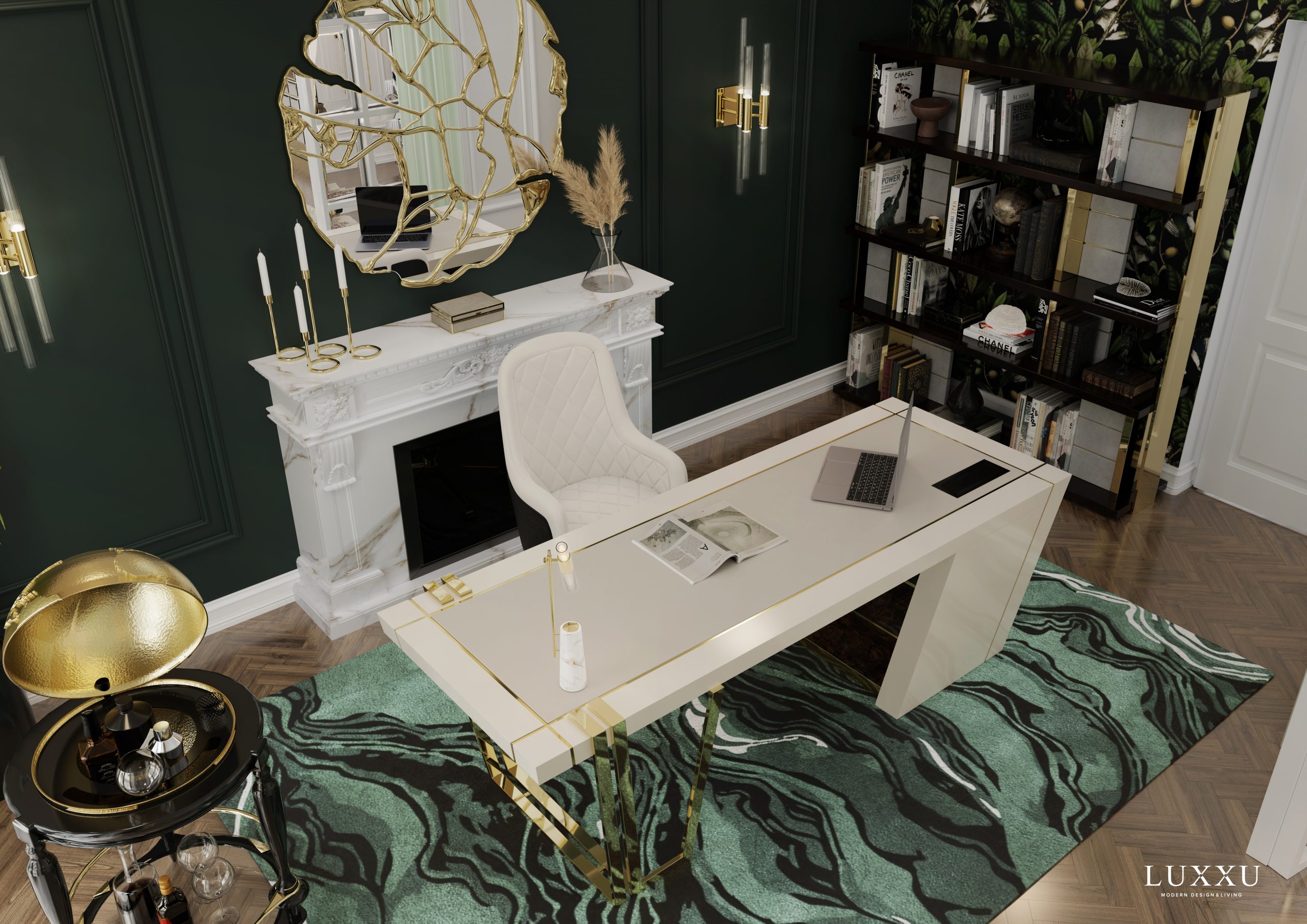 BEHOLD THE UNMISTAKABLE STYLE OF THIS LUXURIOUS HOME OFFICE