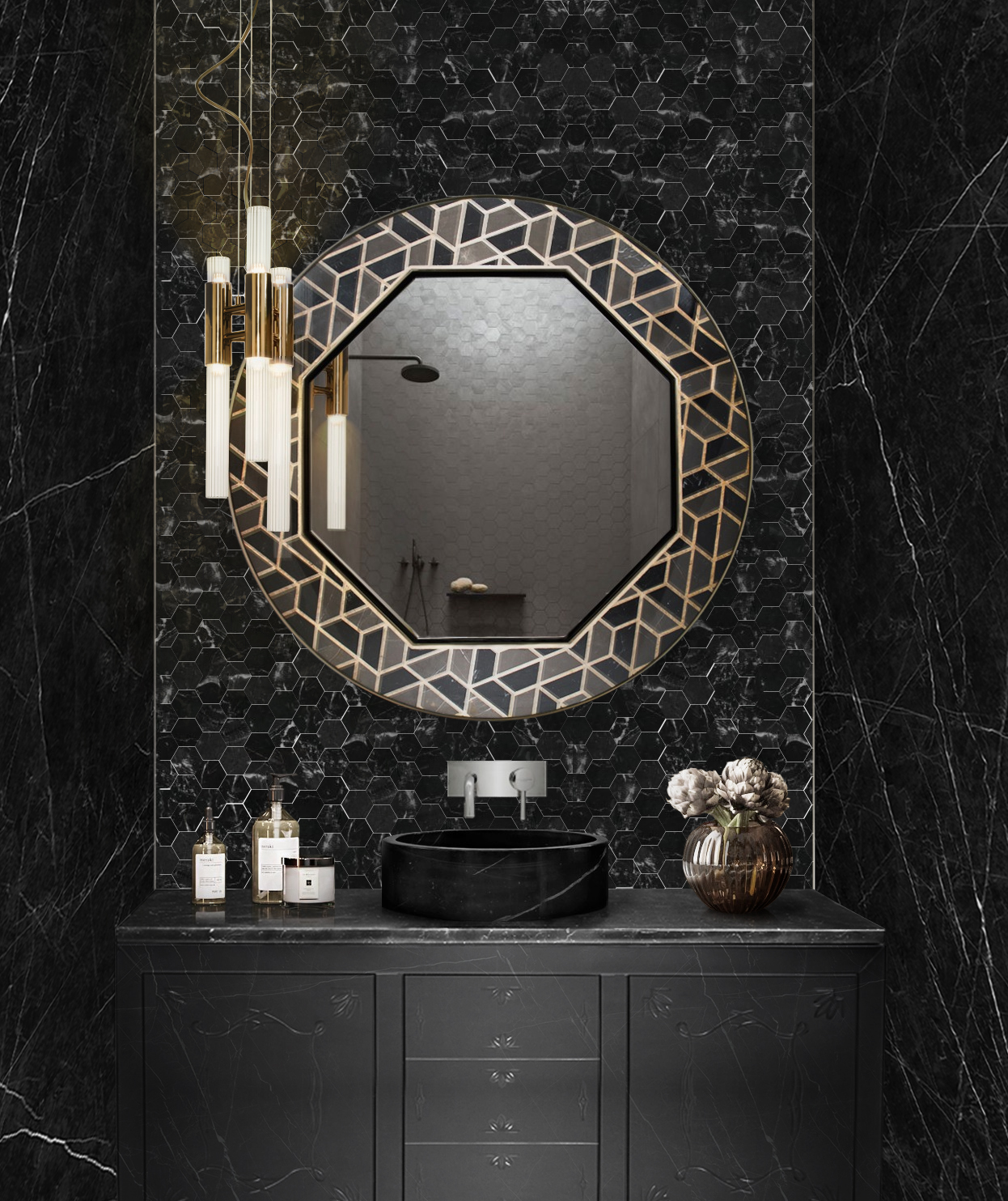 gorgeous modern bathrooms in black tones with a luxury round mirror