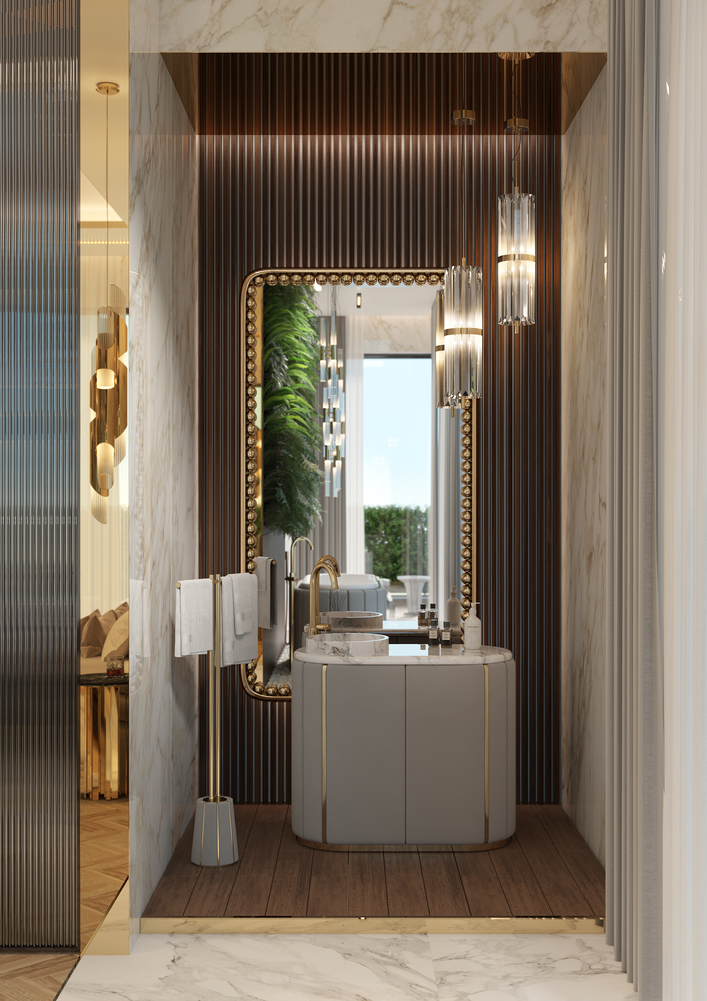 brown tones nature-inspired bathroom with a gold detailed mirror and a black vessel sink