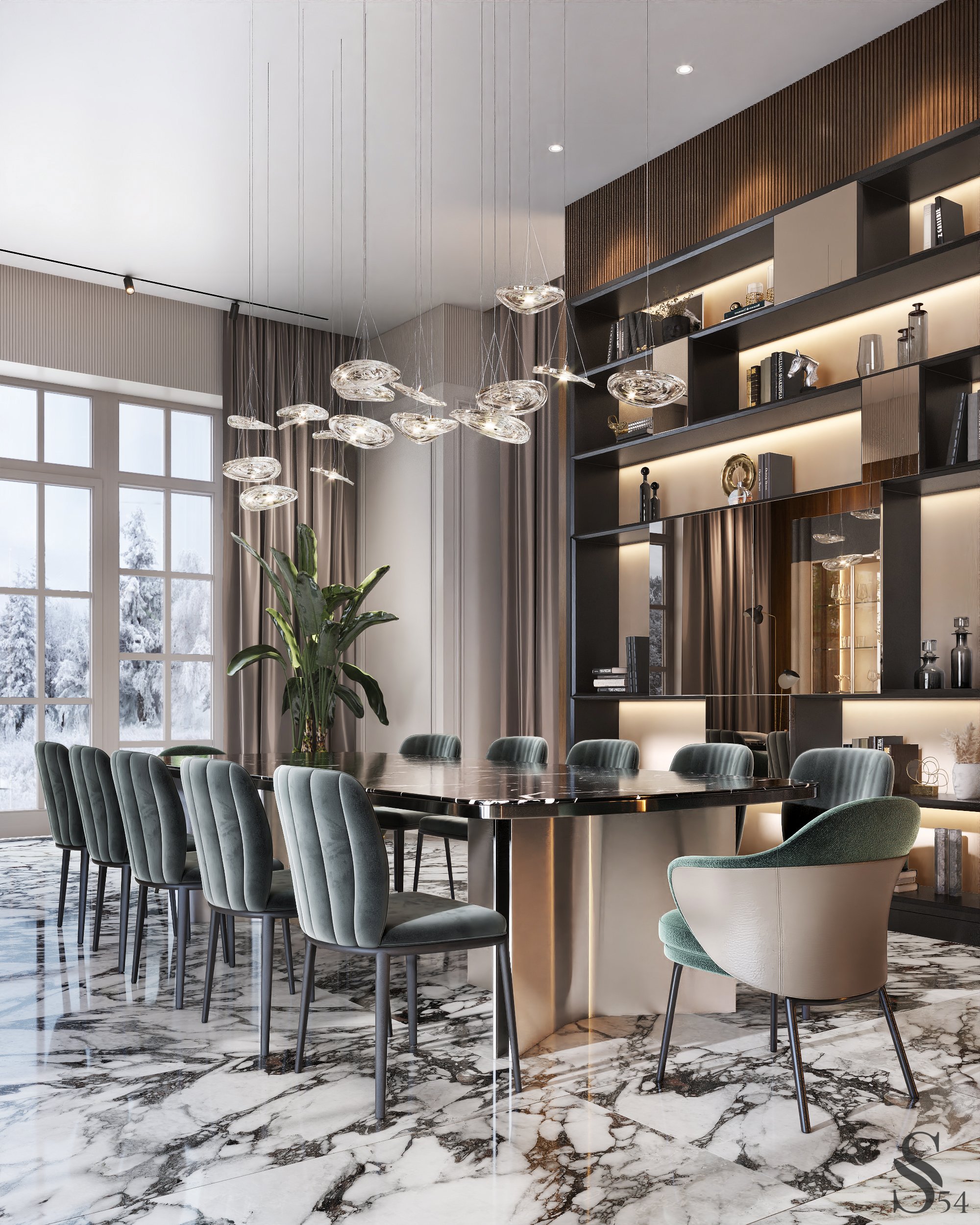 Long marble dining table with a marble floor, design by studia 54