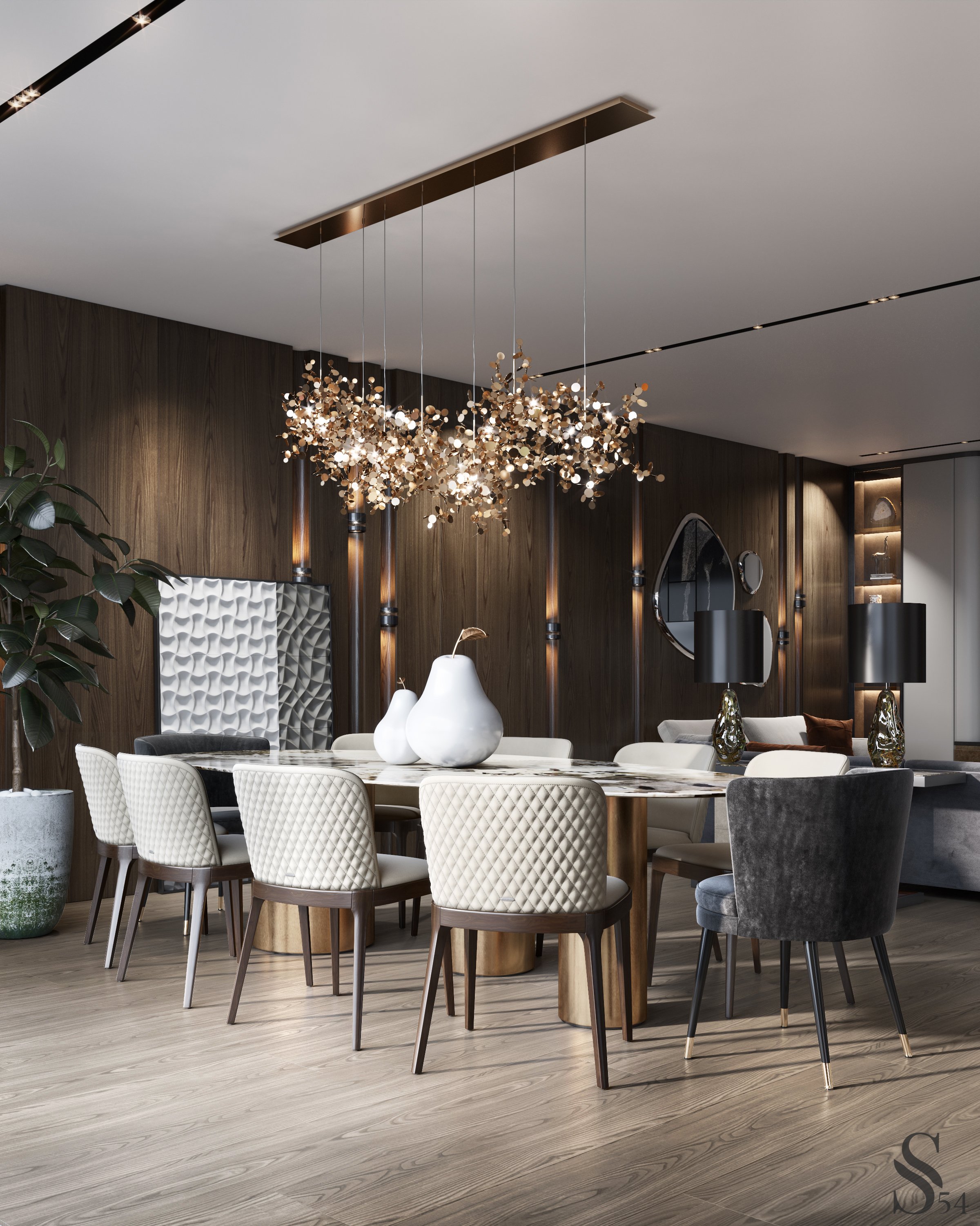 studia 54 with an example of a luxury dining room design with a glass dining table and on top a luxury chandelier