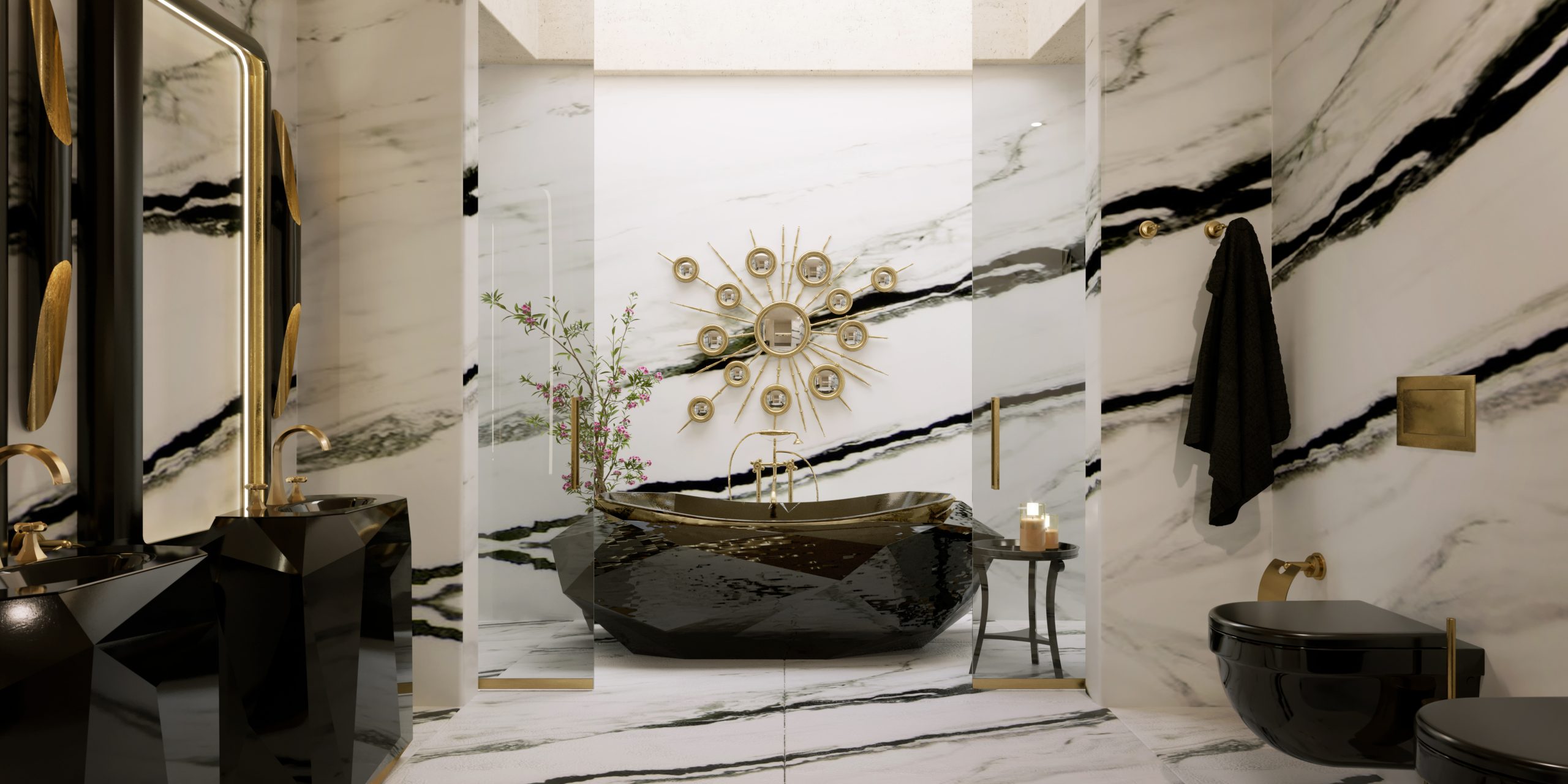 black and white marbled bathroom with black and gold freestanding washbasins and bathtub