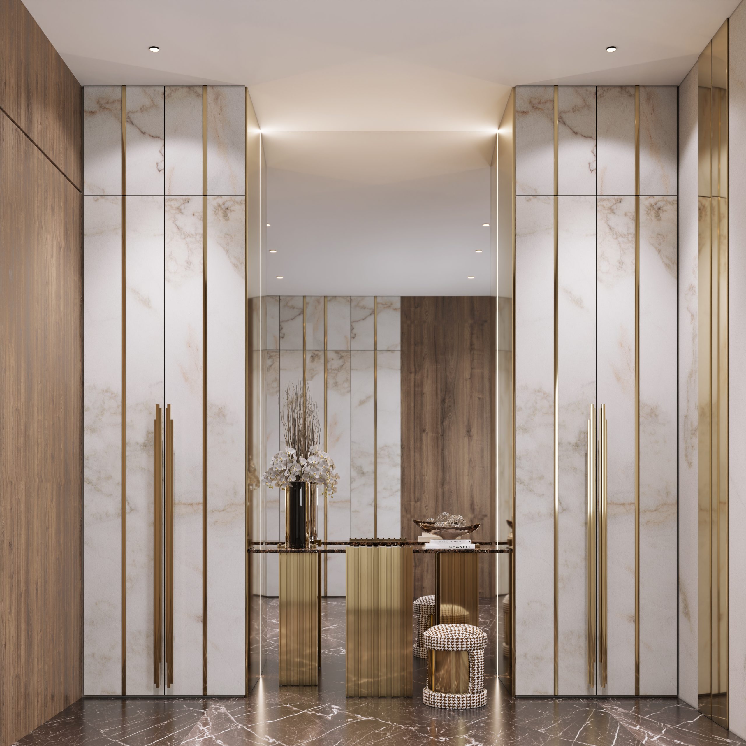Luxury Entryways adorned with Pullcast skyline hardware and the armour stool by luxxu