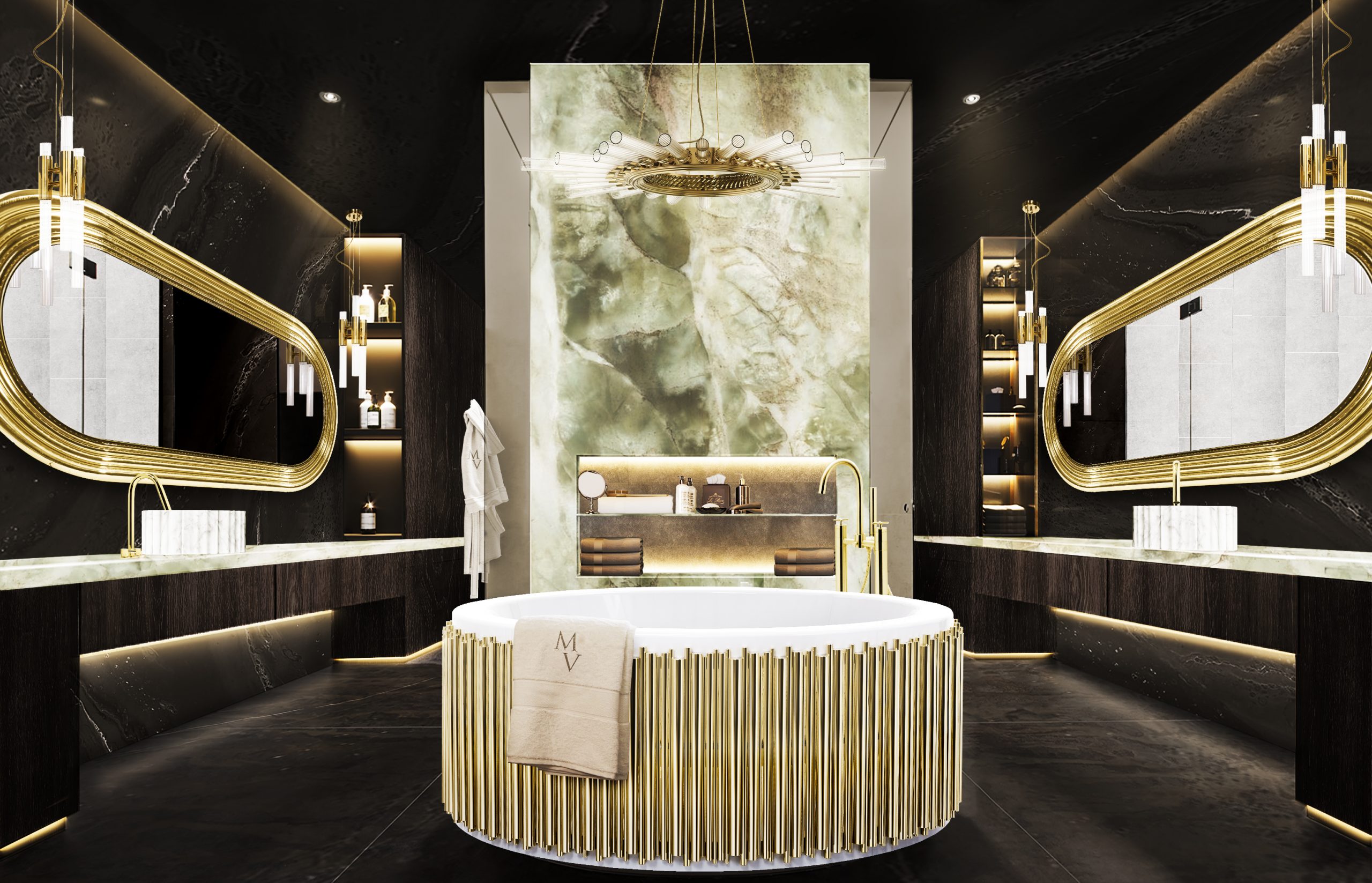 cylindrical Bathtub is encased in golden brass tubes and has a brilliant and dramatic appearance that improves the environment and your bathing experience.