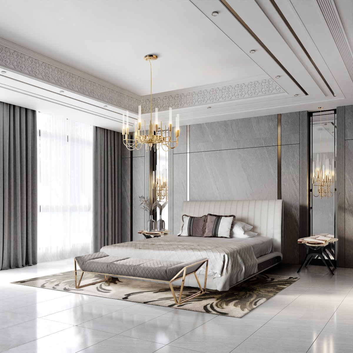 The luxury Bedroom with gold suspension