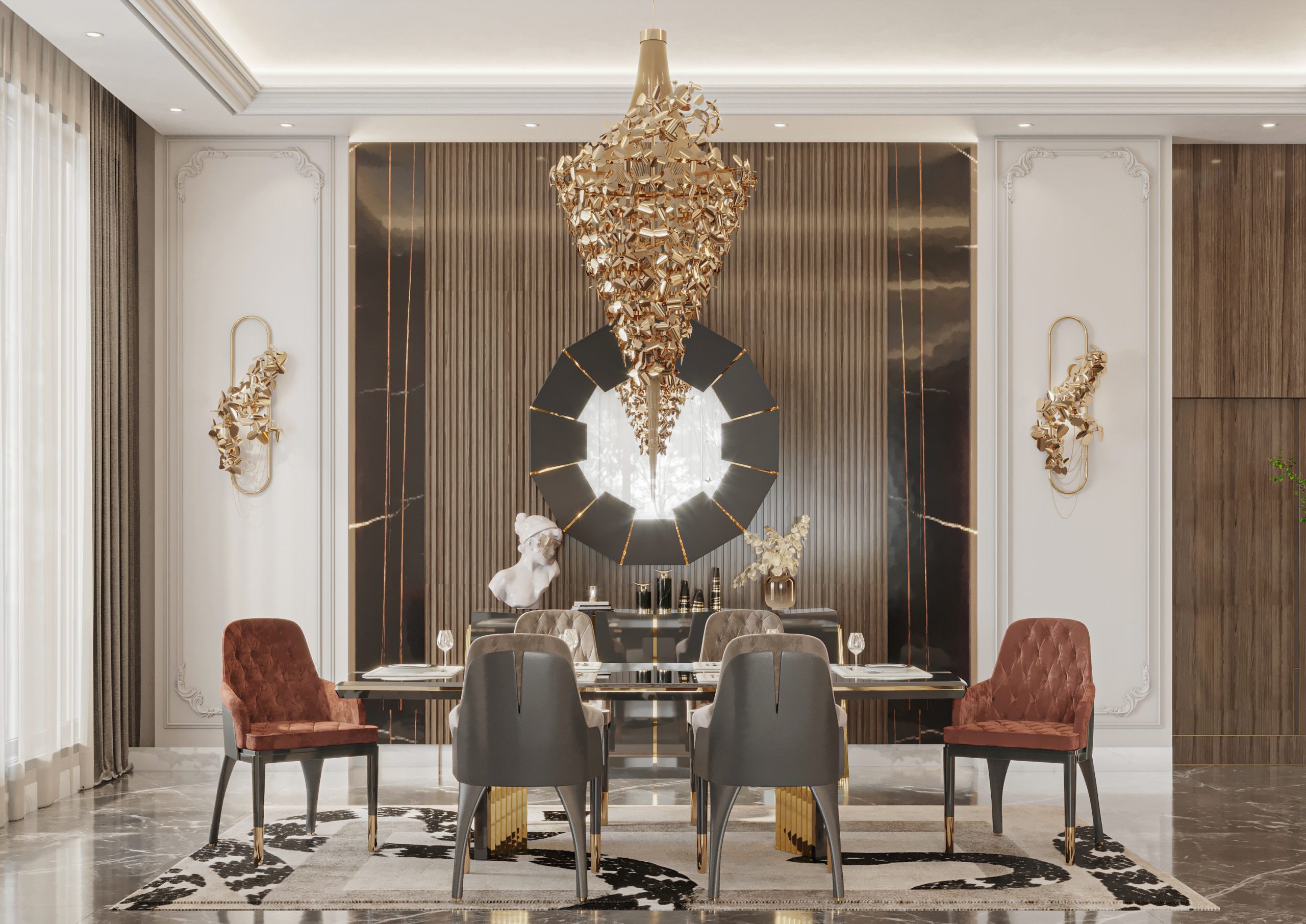 dining room will personality and a big gold chandelier