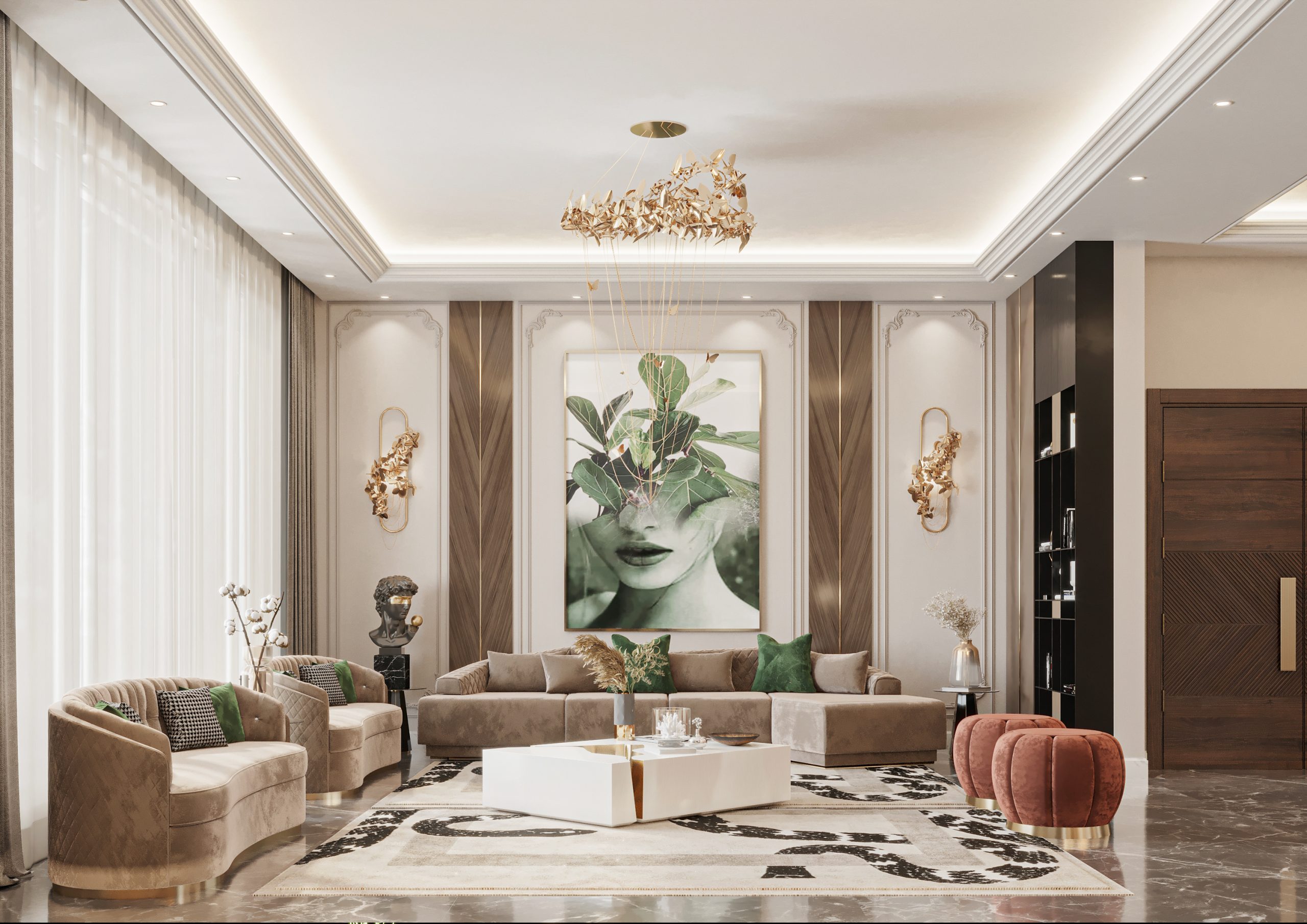 big living room with brow tones full of elegancy and style