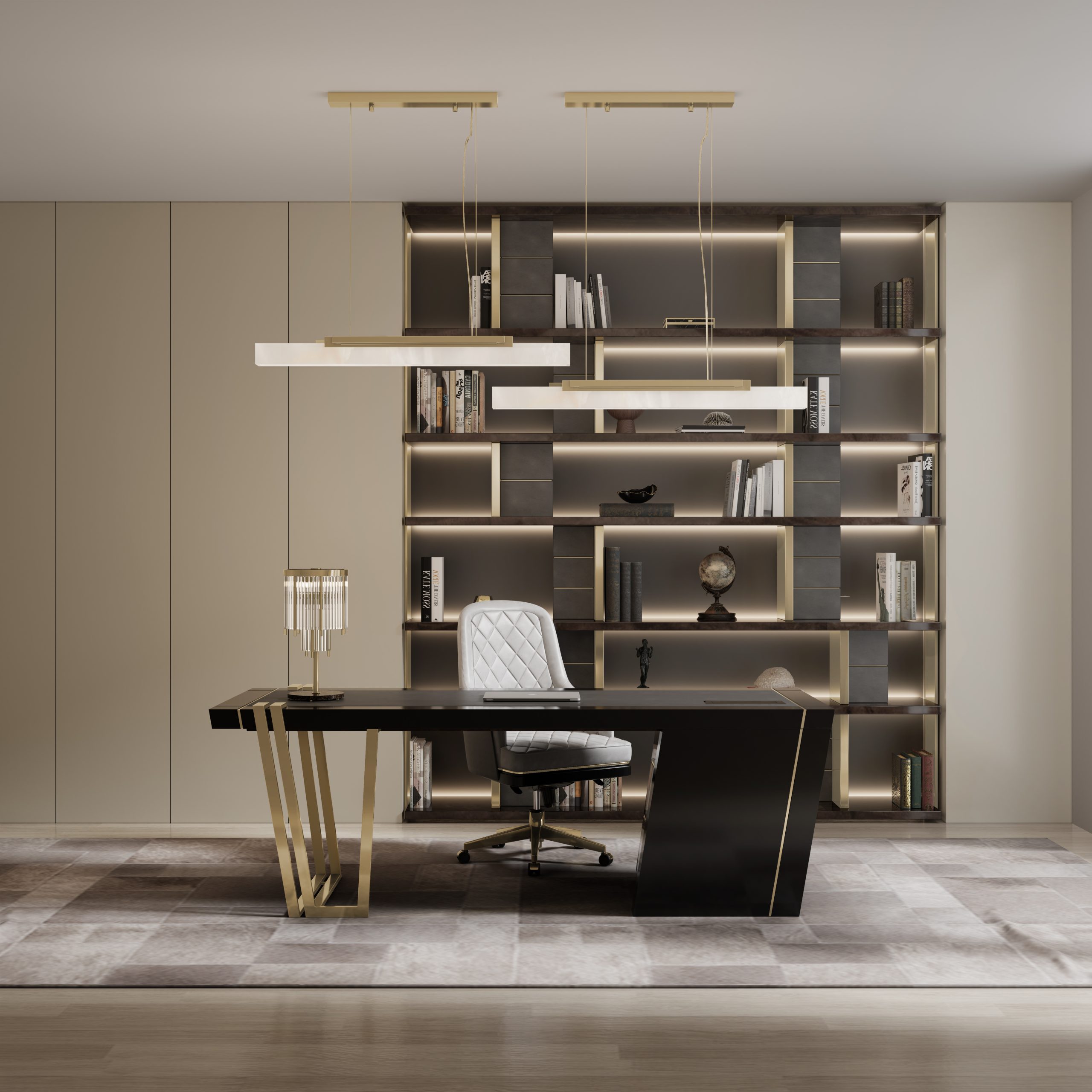 home office design with a classy style and gold details