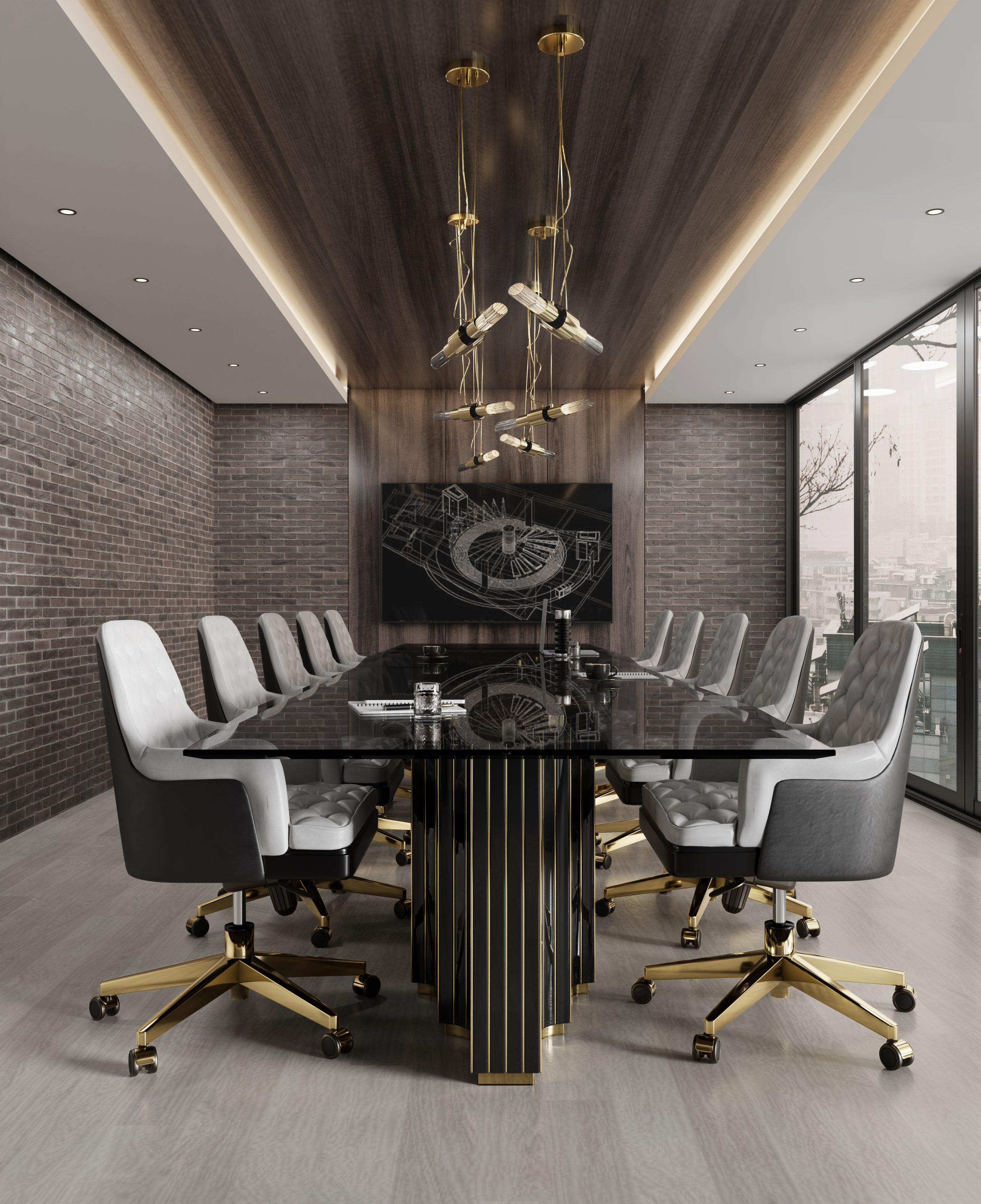 office design with office chairs and a table for 8 people with a modern and classic style