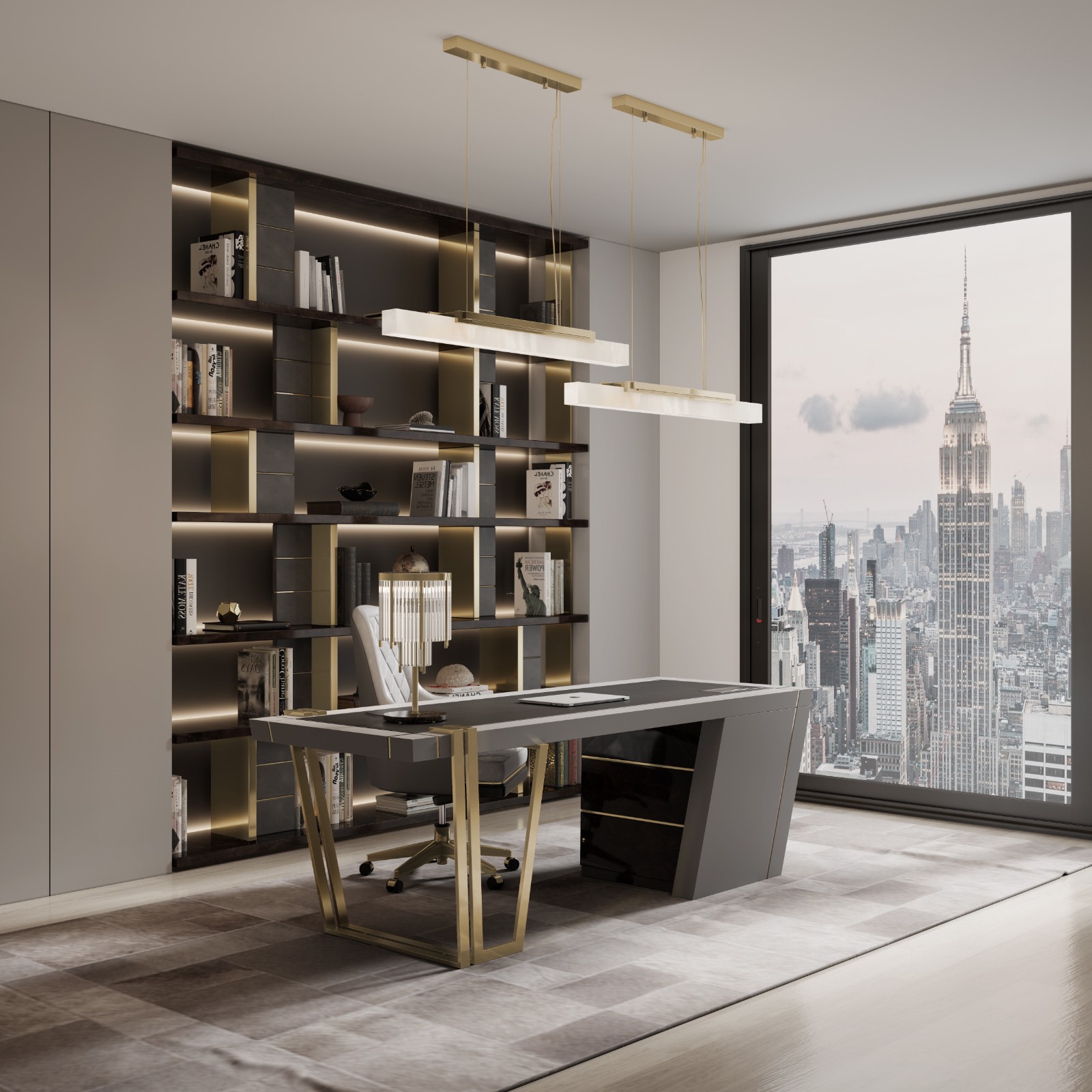 modern office with white office chair and golden desk home office designs