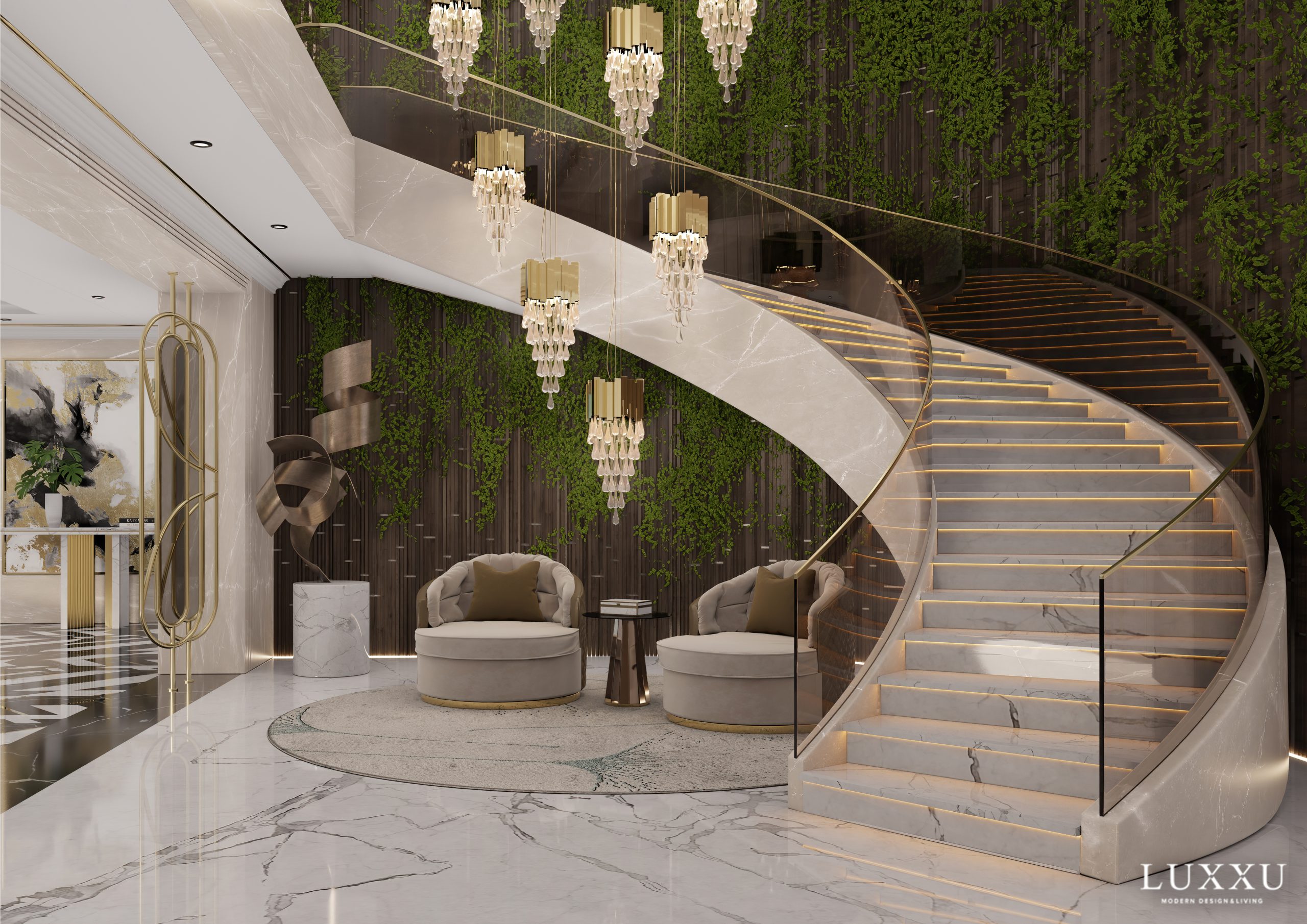 Staircase from luxury penthouse with modern pendant lights