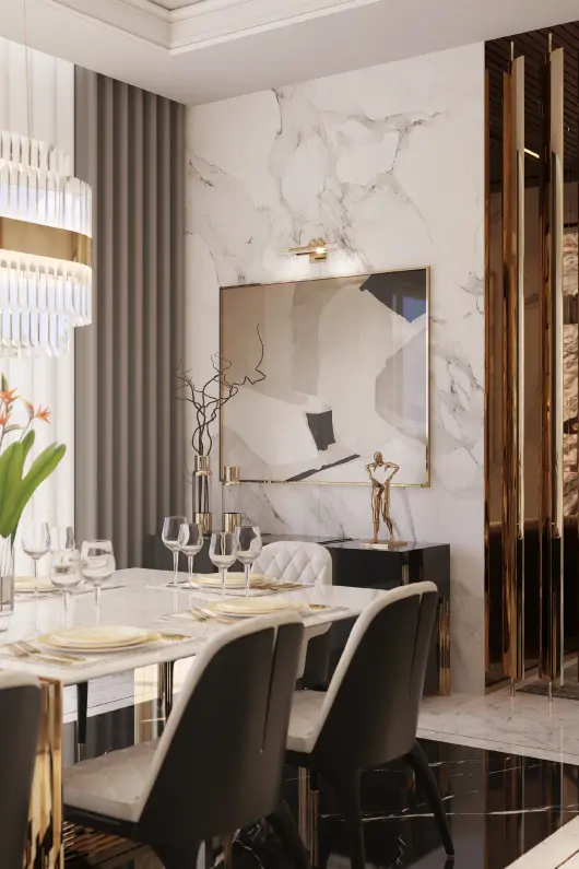 Luxurious living room with Charla II Dining Chairs and a Vertigo XL Dining Table, creating an elegant and sophisticated dining area