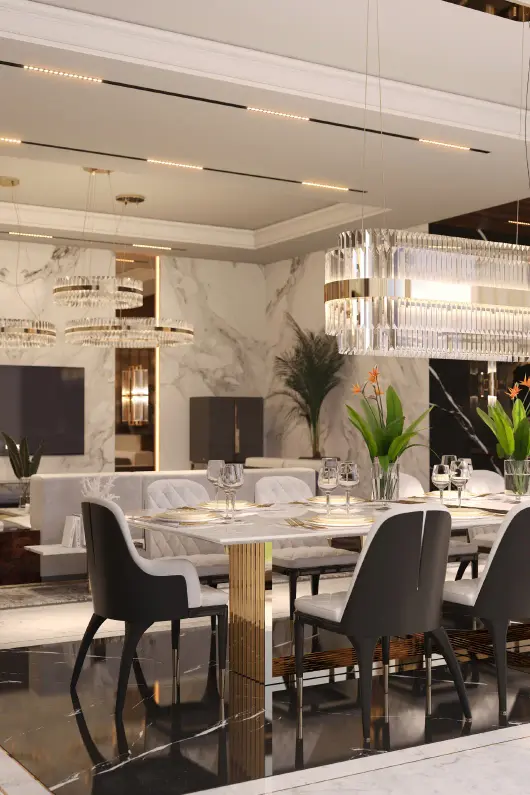 Modern living room featuring Charla II Dining Chairs around a Vertigo XL Dining Table, blending luxury and contemporary design