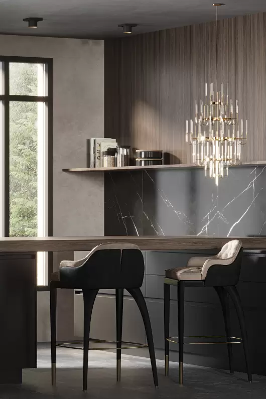 Charla Bar Chairs arranged around a modern kitchen island, demonstrating versatility in design.