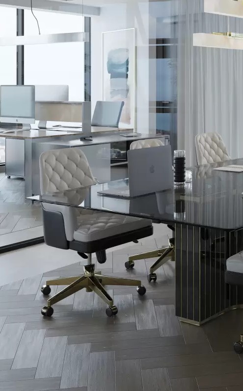 Modern office workspace with the Charla Small Office Chair and a sleek desk, highlighting the perfect blend of style and functionality