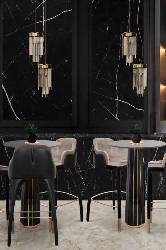 Charla Bar Chair, highlighting its exquisite craftsmanship and rich materials and black leather.